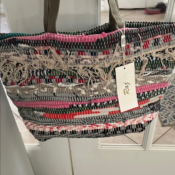 Raj Pink and Green Woven Tote Bag with Handcrafted Details. XL - Picture 1 of 4